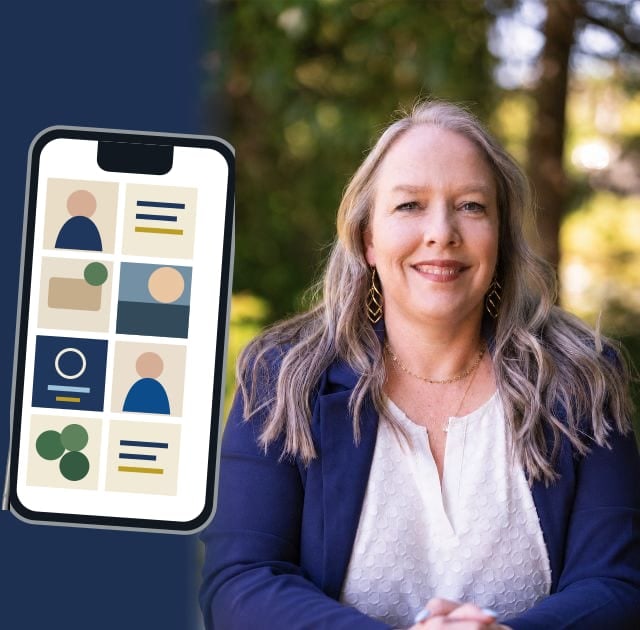 Karen Nelson beside a phone showing a professional Instagram content grid